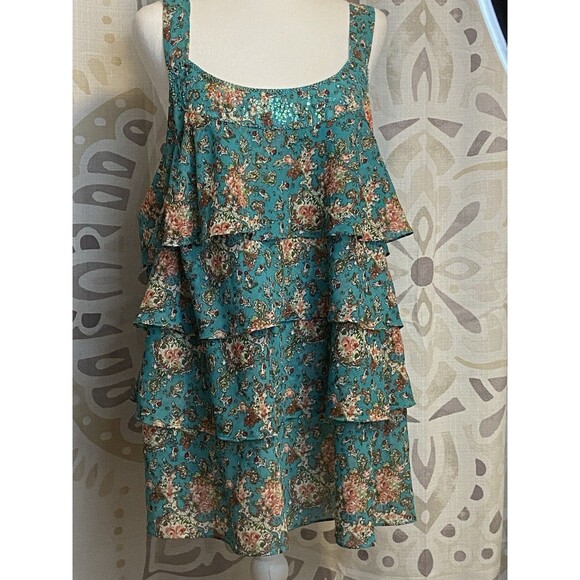 LANE BRYANT Size 24W Teal Pink Floral Tiered BOHO Tank Top Blouse Beaded Fairy - Picture 5 of 13